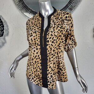 CALVIN KLEIN~M~BLACK BROWN LEOPARD ANIMAL PRINT ZIP ROLL TAB SLEEVE BLOUSE TOP